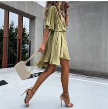 Load image into Gallery viewer, Sexy V Neck Dresses For Women Elegant Short Sleeve Solid A-line Loose Mini Dress