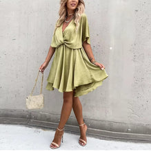 Load image into Gallery viewer, Sexy V Neck Dresses For Women Elegant Short Sleeve Solid A-line Loose Mini Dress