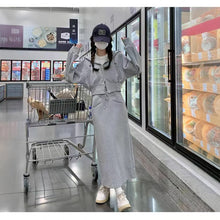 Load image into Gallery viewer, Gray sports suit with elegant hooded sweatshirt and slimming slit skirt suit

