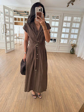 Load image into Gallery viewer, Omilika Gold Buttoned Belted Linen Dress
