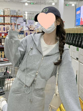Load image into Gallery viewer, Gray sports suit with elegant hooded sweatshirt and slimming slit skirt suit
